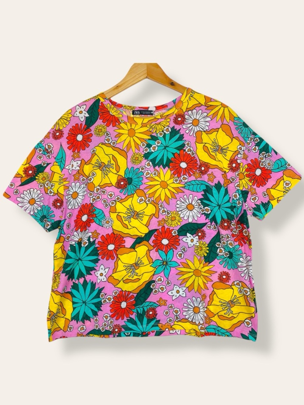 ZARA Retro Psychedelic Floral Printed Boxy Short Sleeve Crewneck Tee Shirt M